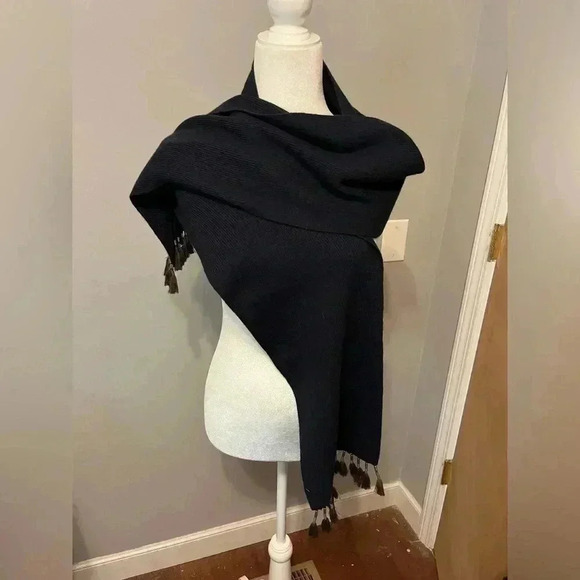 J. Crew Navy Long Knit Cashmere/Lambs Wool Blend Scarf w/ Tassels - Picture 7 of 10